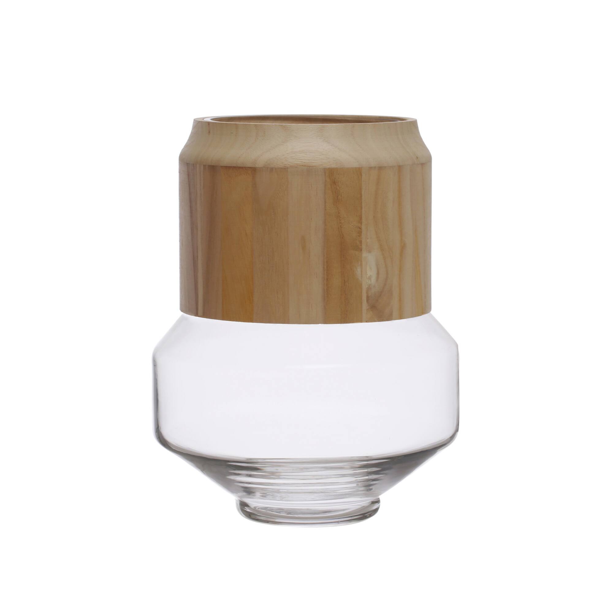 Hello Honey® 12" Natural Glass Vase with Removable Acacia Wood Collar